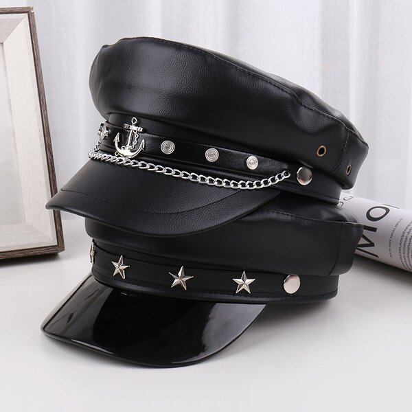 Beret Cap - Manufacturer - PU Leather Fiddler Metal Chain Decor Summer Elegant Captain Hat