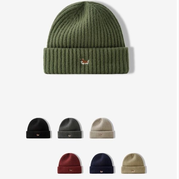 Beanie Hat - Manufacturer - Women Corgi Dog Embroidery Cuffed Warm Knitted Skull Cap - Customizable