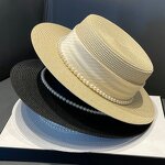 Boater Hat - Manufacturer - Women Straw Pearl Ribbon French Elegance Wide Brim Hat
