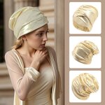Turban - Manufacturer - Women Bronzing Metallic Pleated Beanie Cap Hair Wrap