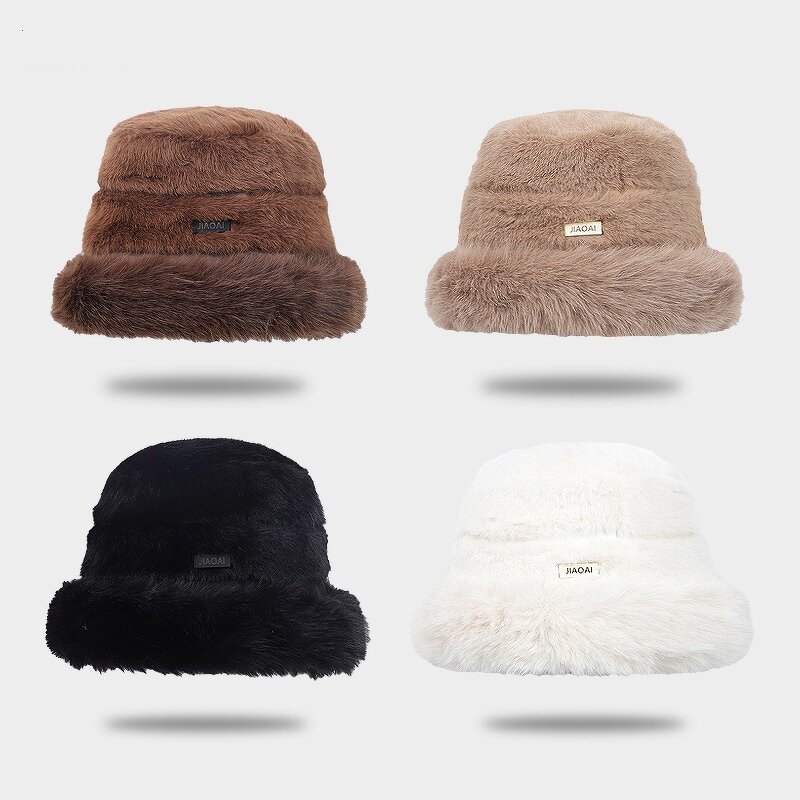 Bucket Hat - Manufacturer - Winter Fuzzy Warm Color Matching Women Fisherman Cap
