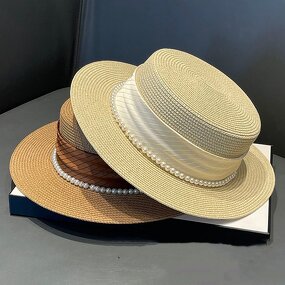 Boater Hat - Manufacturer - Women Straw Pearl Ribbon French Elegance Wide Brim Hat