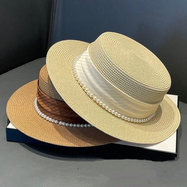 Boater Hat - Manufacturer - Women Straw Pearl Ribbon French Elegance Wide Brim Hat