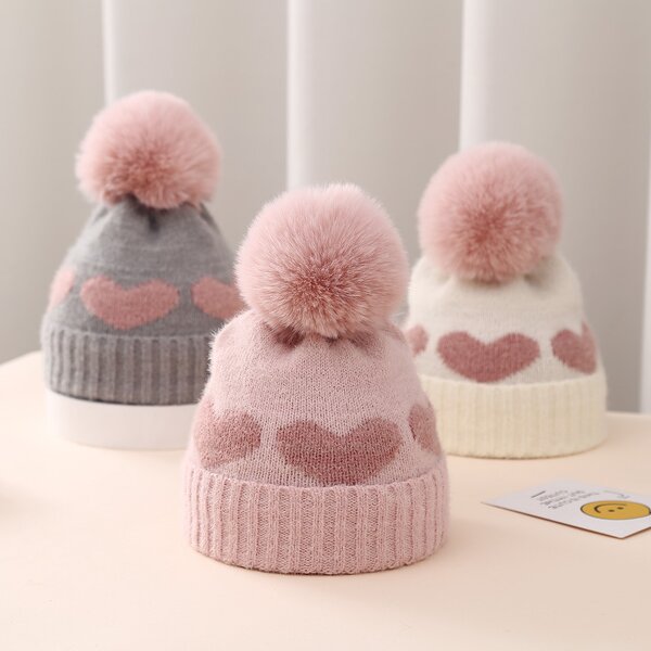 Beanie Hat - Manufacturer - Baby Girls Thickened Love Heart Pom Pom Warm Winter Hat