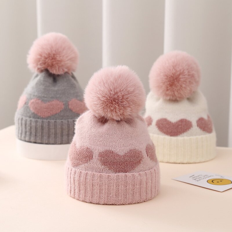 Beanie Hat - Manufacturer - Baby Girls Thickened Love Heart Pom Pom Warm Winter Hat