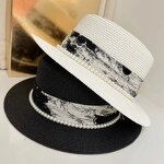 Boater Hat - Manufacturer - Women Straw Pearl Ribbon French Elegance Wide Brim Hat