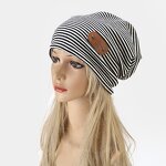 Beanie Hat - Manufacturer - Thin Knit Striped Slouchy Turban Leather Label Winter Headwear