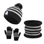Hat Set - Manufacturer - Children Autumn Winter Solid Short Jacquard 3-Piece Hat Set