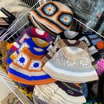 Bucket Hat - Manufacturer - Korean Style Hollow Flower Hand-Knit Contrast Stripe Warm Hat