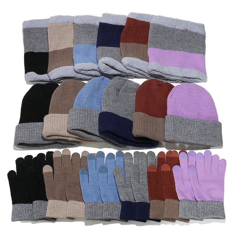 Hat Set - Manufacturer - Winter Outdoor Knit 3-Piece Hat Gloves Scarf Colorblock Set