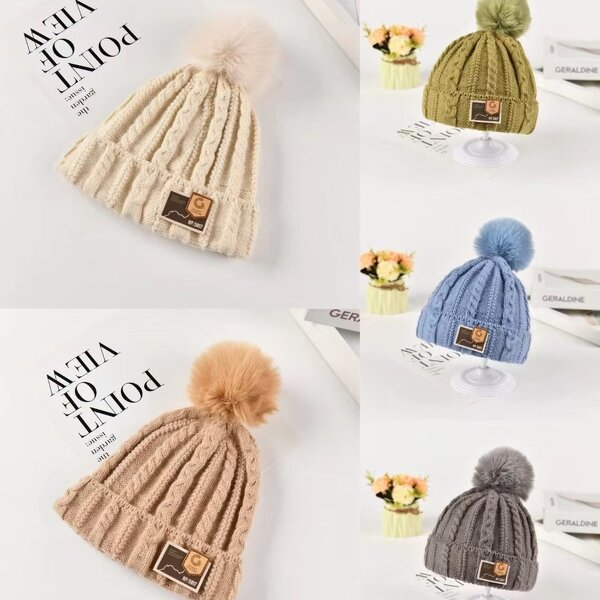 Beanie Hat - Manufacturer - Cable Knit Patch Kids Winter Warm Windproof Pom Pom Hat