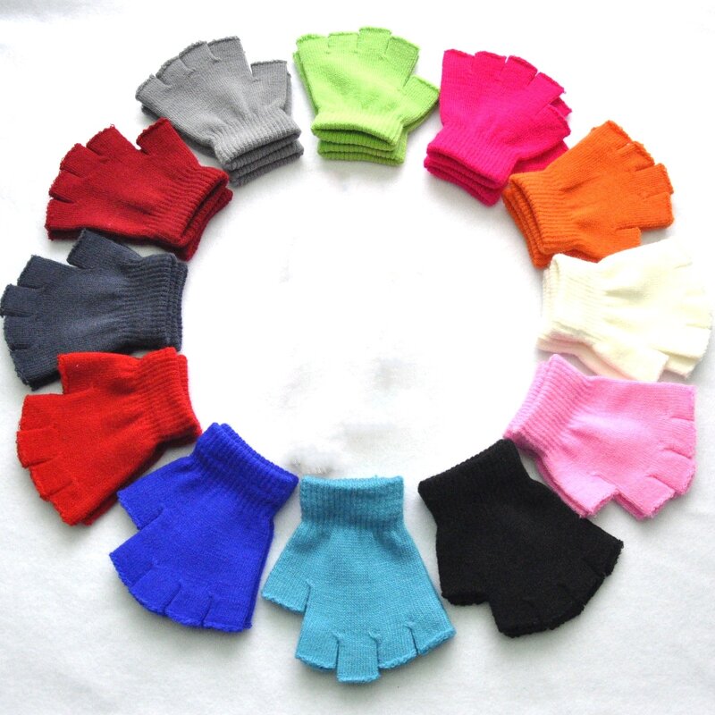Gloves - Manufacturer - Fingerless Kids Winter Solid Color Knit Acrylic Gloves