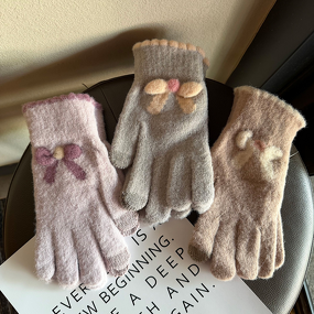 Gloves - Manufacturer - Wholesale Women Bow Jacquard Touch Screen Knit Furry Gloves