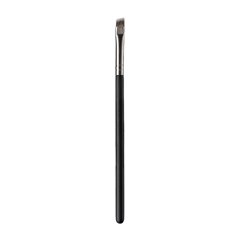 Eyebrow Brush Manufacturer - Diagonal Synthetic Hair Shiny Smooth Black Wooden Handle Silver Aluminum Hoop