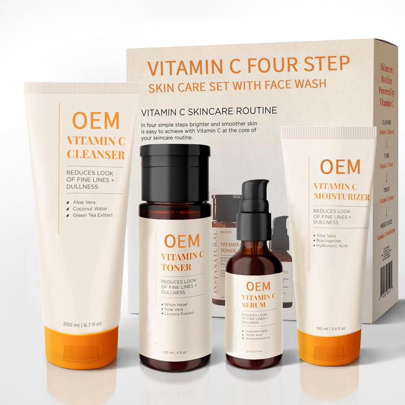 Skin Care Set Manufacturer - OEM Four-Step Vitamin C with Hyalur Acid Botanical Extracts Face Wash for Brightening Anti-Aging
