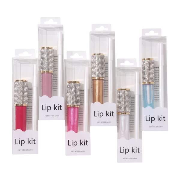 Lip Kit Manufacturer - 2 in 1, Clear Case Diamond Lip Gloss & White Lip Liner Pen, Multi-color Set