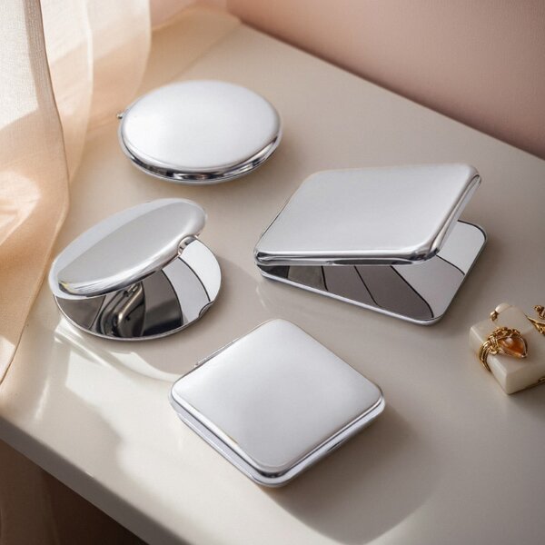 Pocket Mirror Manufacturer - 2025 New Custom Logo Portable Silver Round Stainless Steel Mini Hand Folding Pocket Mirror