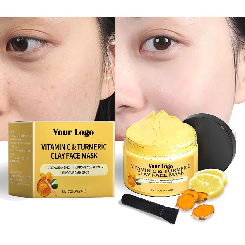 Clay Mask Manufacturer - Private Label Vitamin C & Turmeric Clay Face Mask Whitening Moisturizing Blackhead Mud Mask With Brush