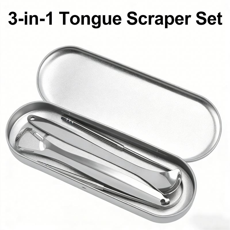 Tongue Scraper Set Manufacturer - Professional 3pcs Stainless Steel Tongue Scraper with Laser Printed U-Shaped Design Private Label