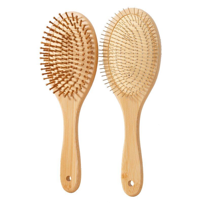 Scalp Massage Comb Manufacturer - Eco-friendly Natural Bamboo Wooden Massage Oval Paddle Steel Teeth Comb