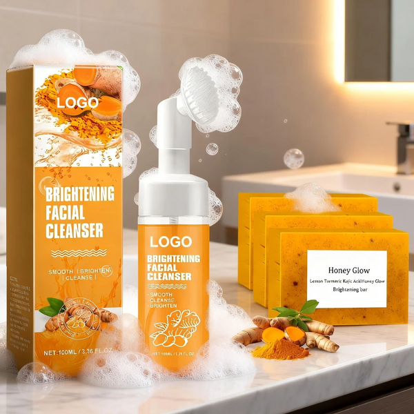Facial Cleanser Set Manufacturer - Private Label Lemon Turmeric Kojic Acid Brightening Glow Organic Foam Facial Cleanser Soap Skincare Set