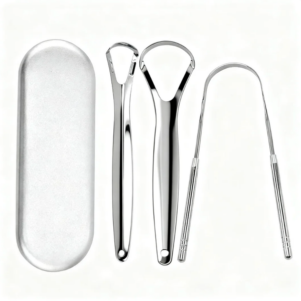 Tongue Scraper Set Manufacturer - Custom Logo 3 PCS Metal Tongue Scraper Set Tongue Cleaning Brush with Travel Case