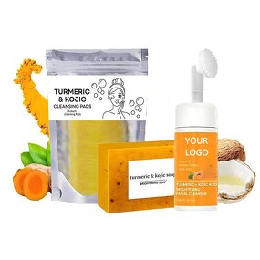Skincare Set Manufacturer - Turmeric 3-Piece Cleansing & Moisturizing Set Private Label Natural Organic Mousse Pads and Soap for Dark Spots