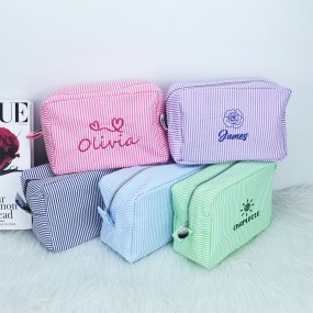 Cosmetic Bag Supplier - OEM Custom Logo Striped Seersucker Travel Organizer