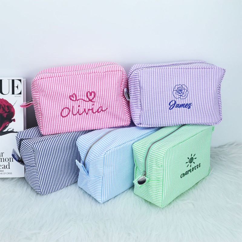 Cosmetic Bag Supplier - OEM Custom Logo Striped Seersucker Travel Organizer
