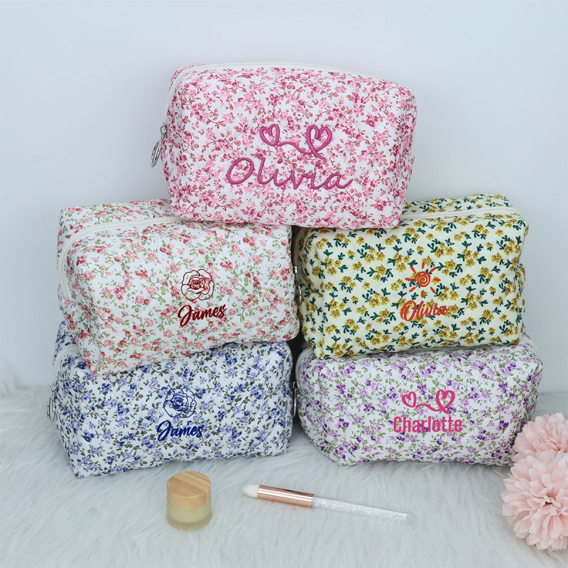Makeup Bag Manufacturer - OEM Custom Logo Quilted Floral Cotton Pouch