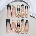 Press on Nails Manufacturer - Luxury Black French Tip Long Square with Gold Glitter 3D