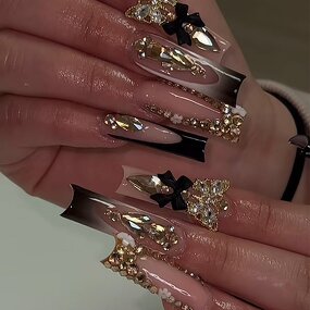 Press on Nails Manufacturer - Luxury Black French Tip Long Square with Gold Glitter 3D