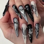 Press On Nails Manufacturer - Long Black French Tip Halloween Stiletto with 3D Aurora
