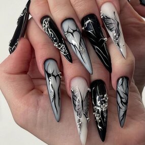 Press On Nails Manufacturer - Long Black French Tip Halloween Stiletto with 3D Aurora