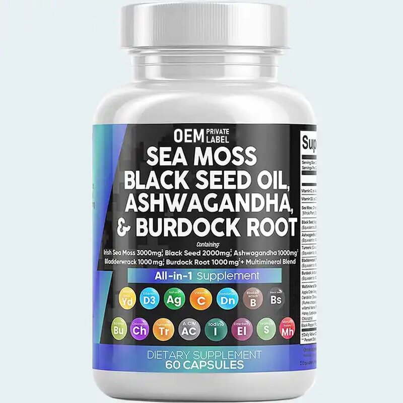 Irish Sea Moss Complex Capsules Manufacturer - OEM Organic Herbal with Black Seed Oil Ashwagandha