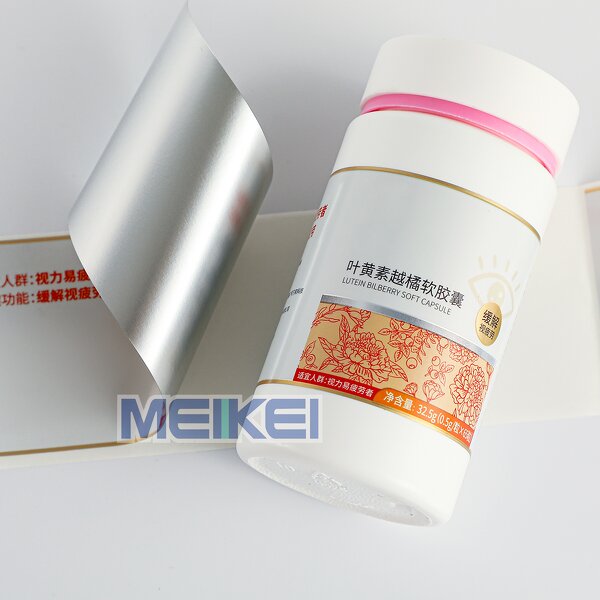 Capsule Bottle Label - Custom Printing Metallic Silver Bopp Roll Pet Supplement Sticker
