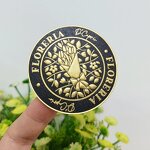 Round Paper Sticker - Custom Luxury Gold Foil Emboss Raised Uv Linen Textured Waterproof