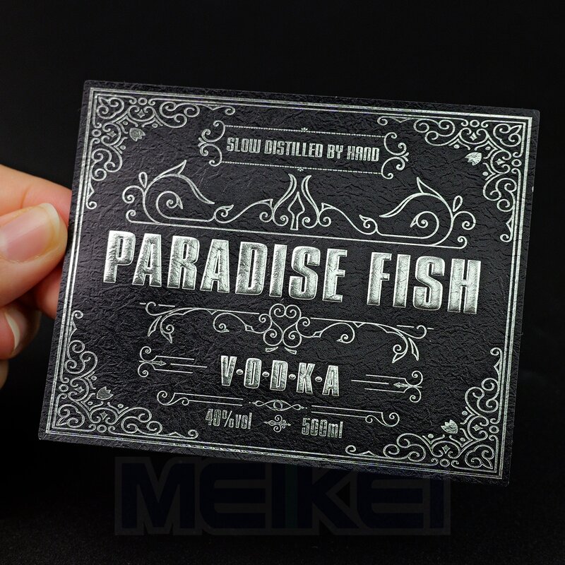 Liquor Wine Labels - Luxury 3D Silver Foil Embossed Offset Printing Waterproof Bottle