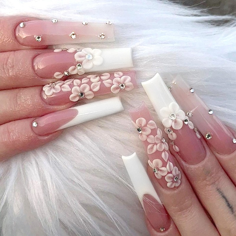 Press on Nails Factory - OEM Long French ABS Floral Design Diamond Fake Fingernails