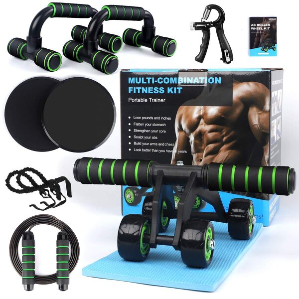 10-in-1 Ab Roller Kit - Resistance Bands Knee Mat Jump Rope Push-Up Bar Core Strength Training