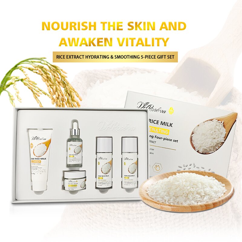 Skin Care Set Manufacturer - DR.ROSEVA Moisturizing Reduce Fine Lines Brighten Skin Toner Serum Cleanser 5Pcs Rice Extract