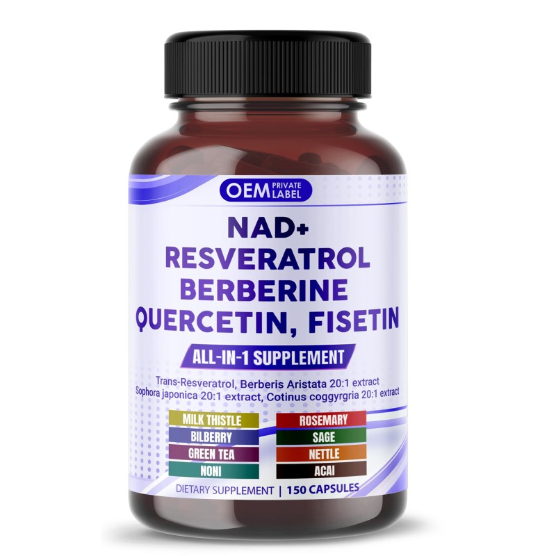 OEM Premium NAD+ Supplement with Trans Resveratrol, Berberine, Quercetin, Fisetin, and Milk Thistle for Enhanced Cellular Health