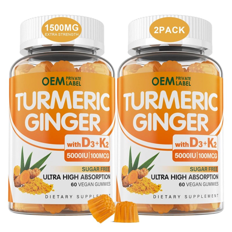 OEM Sugar-Free Vegan Turmeric Gummies 1500mg with Ginger, Black Pepper, Vitamin D3 & K2 (MK7)