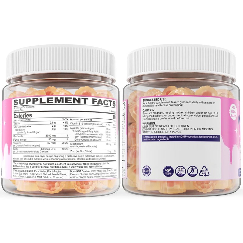 OEM Myo-Inositol & D-Chiro Inositol Gummies with Omega 3, Vitamin D3, B12, Magnesium & Zinc for Women's Ovarian Health