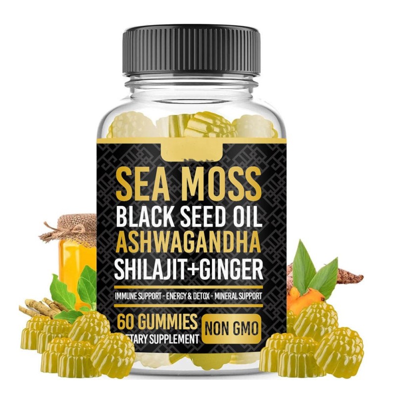 Biocaro Vegan Sea Moss Gummies with Black Seed Oil, Ashwagandha & Shilajit - Fulvic Acid Energy Boost