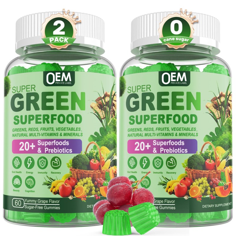 Organic Super Greens Gummies with Spirulina, Chlorella and Prebiotic Fiber for Gut Health 60 Gummies