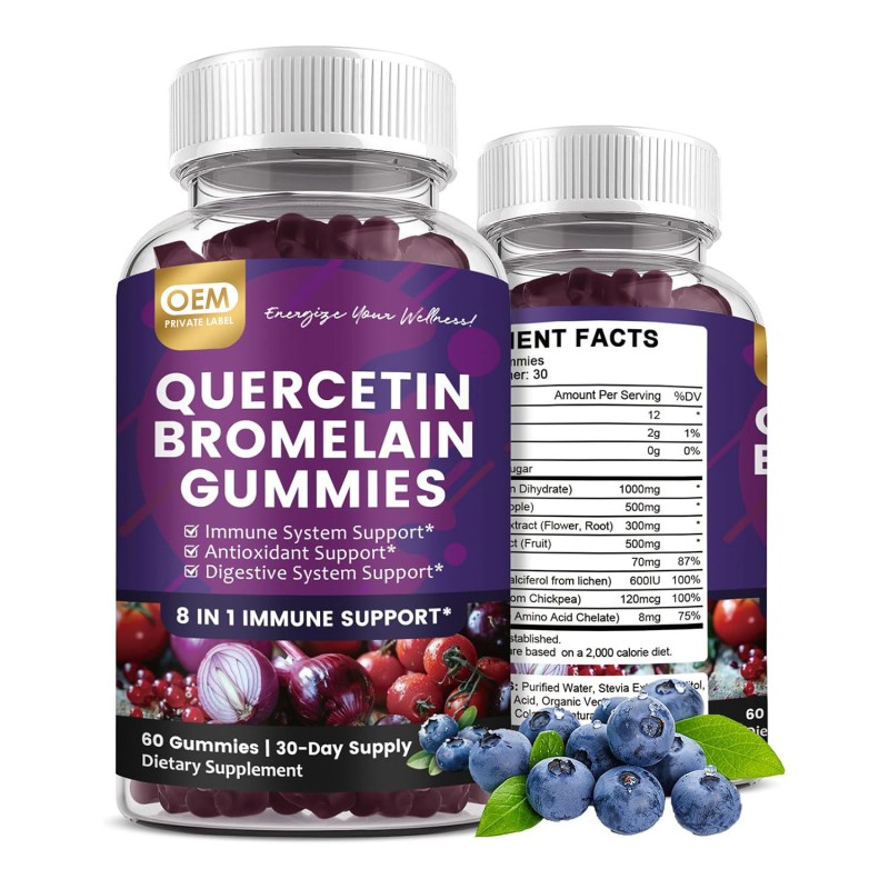 OEM 1000mg Quercetin Gummies with Bromelain, Zinc, Elderberry, Vitamin C, D3 & K2 for Cardiovascular Health