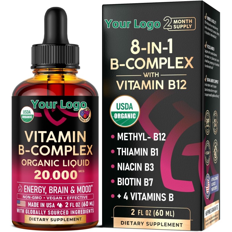 Vegan B Vitamin Liquid Drops - Non-GMO, Berry Flavor, Mood & Nerve Health Daily Supplement