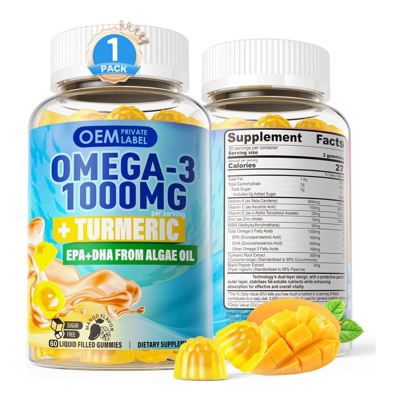 Hot Sale Private Label Vegan Omega-3 Gummies 1000mg with Algae DHA EPA, Turmeric, Zinc & Vitamins