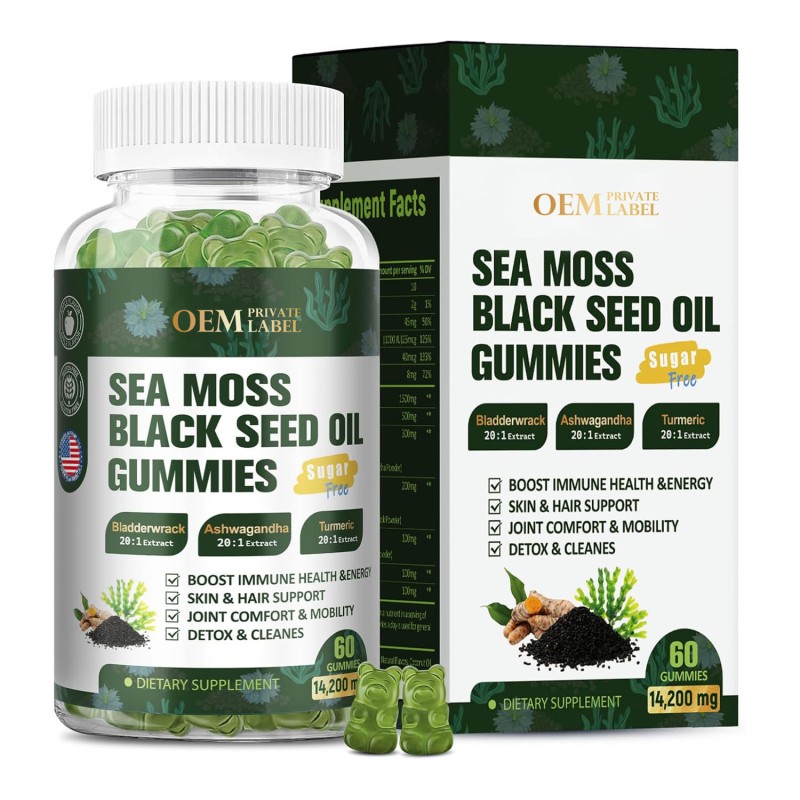 OEM Sugar-Free Sea Moss & Black Seed Oil Gummies with Ashwagandha, Ginger, Irish Seamoss, Burdock Root, and Turmeric Supplement